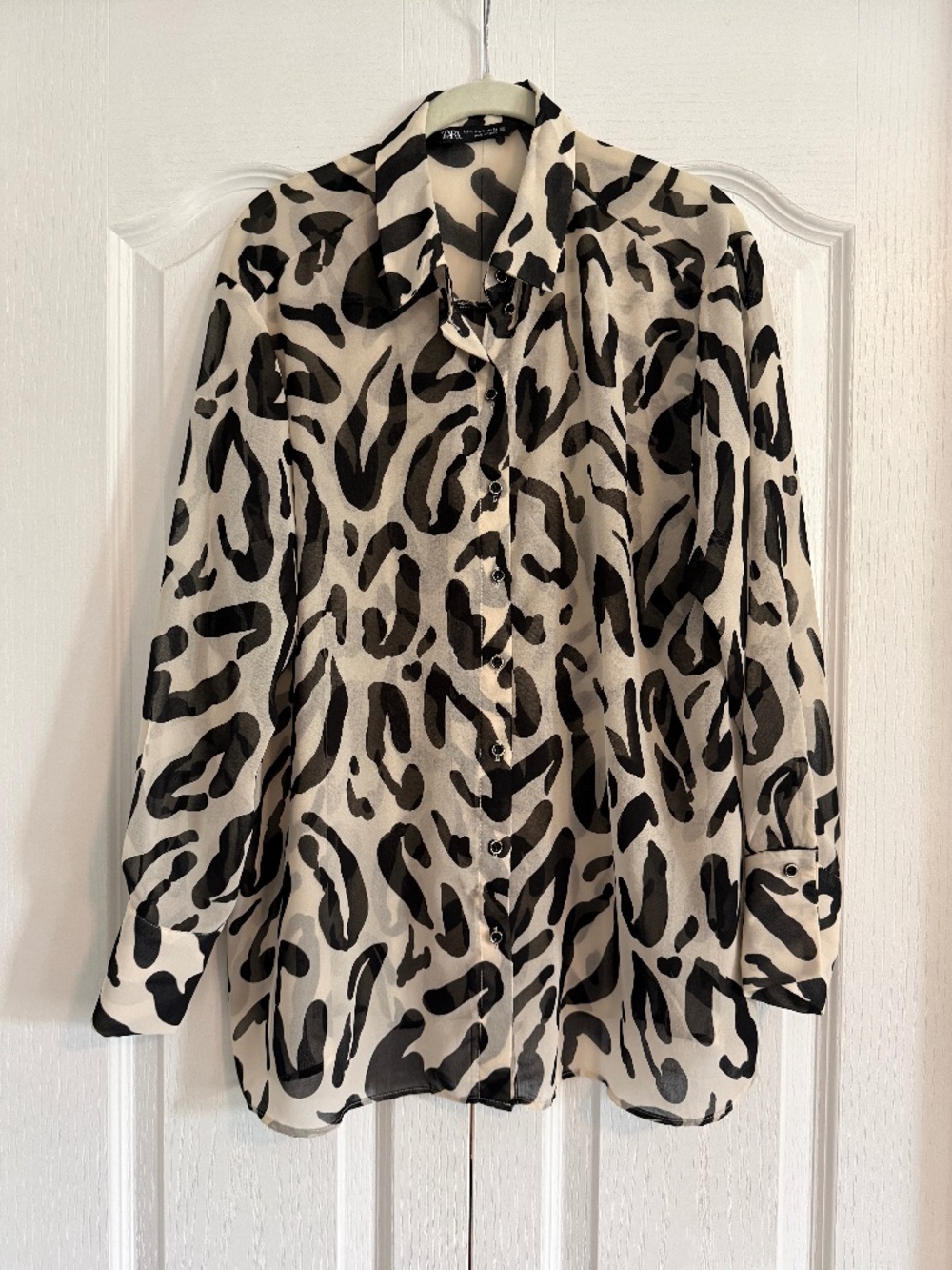 Zara Women’s XL Sheer Leopard Print Button Down Blouse Black Cream